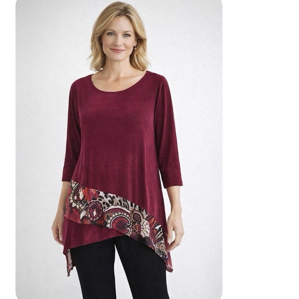 Chico's Travelers Burgundy Asymmetrical Tunic Top Paisley Leopard US Size 12/14